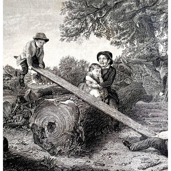 Children Playing On A See Saw Steel Engraving 1859 Victorian Family Art DWY5C - Picture 1 of 2